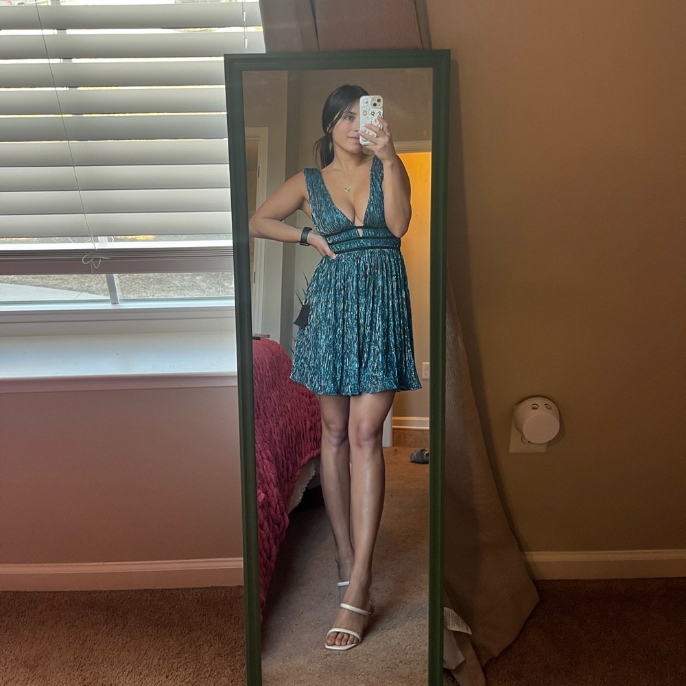 Lulus blue metallic deep v dress NWT